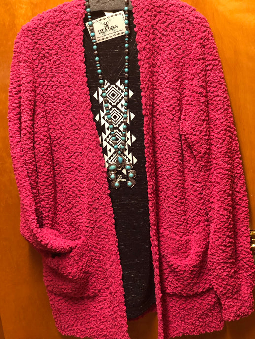 Popcorn Fleece Open Cardigan - Hot Pink - XL! Runs BIG!!