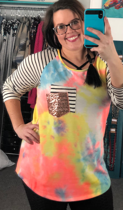 Tie Dye & Stripes, Glitter Pocket - S